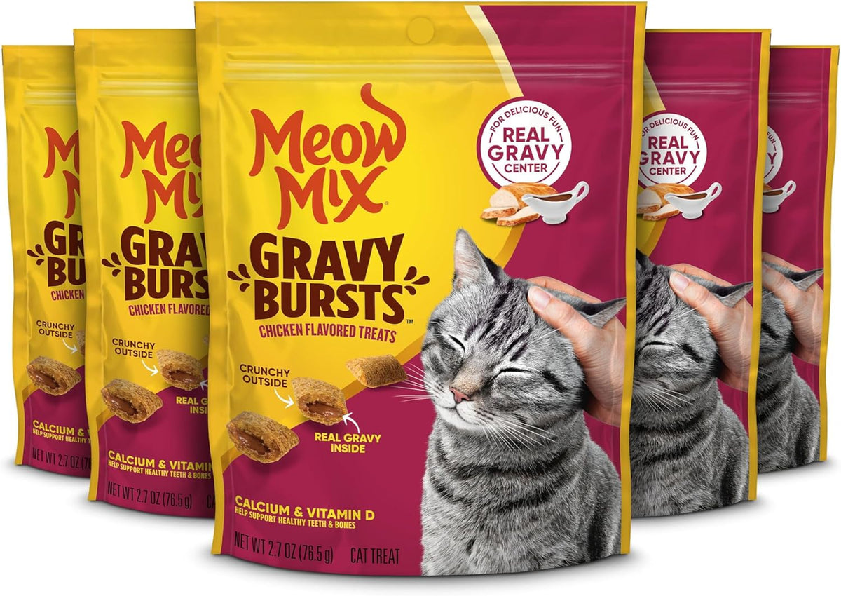 Meow Mix Gravy Bursts Chicken Flavored Cat Treats, 2.7 Oz. Bags (Pack of 5)