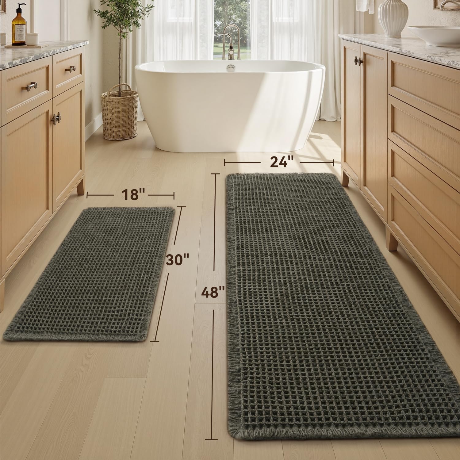Upgraded Waffle Bath Mat Set of 2 Absorbent Bathroom Mat 18"x30" + 24"x48"