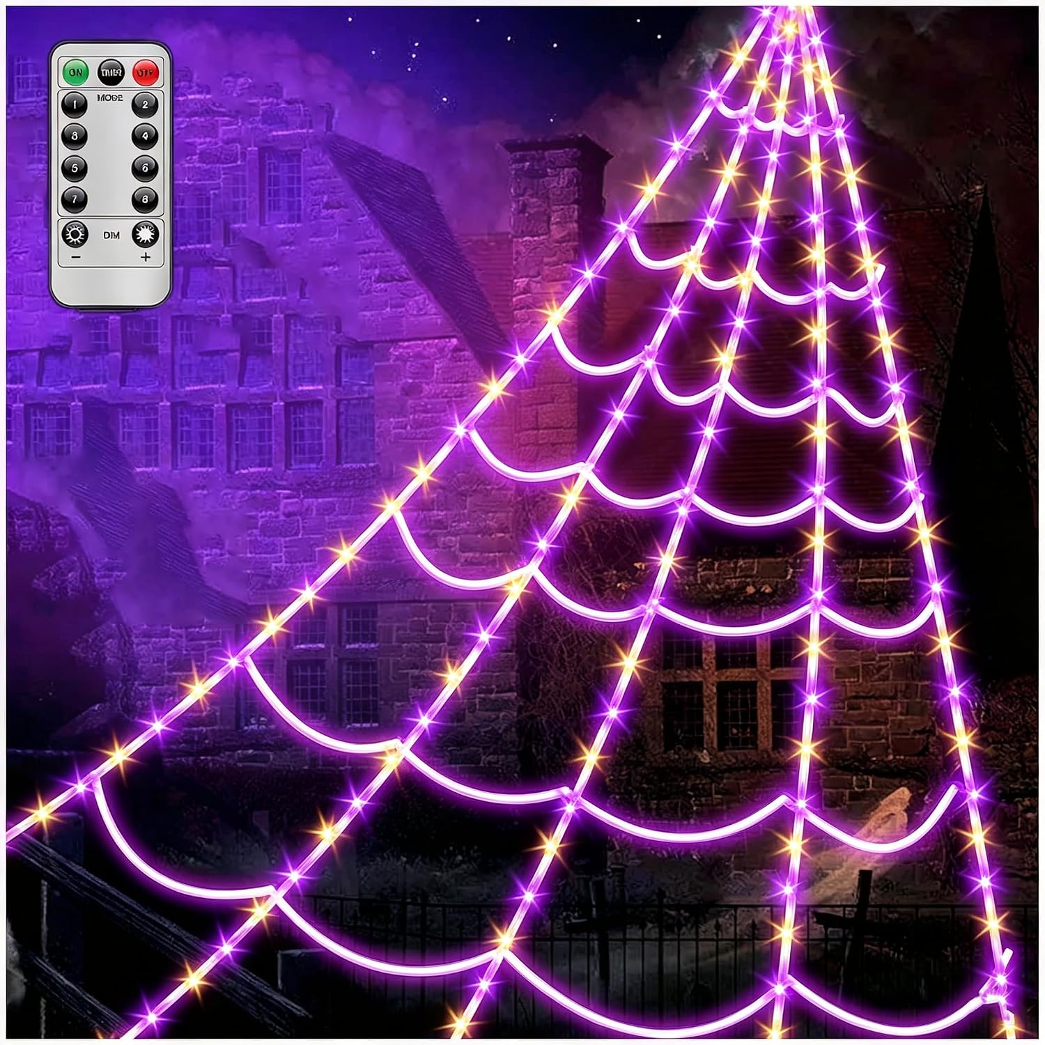 Spider Webs Halloween Decorations Lights - 250 LEDs Outdoor Halloween String Lights,8 Modes Remote Control 16.4Ft Spiderweb,Waterproof (Orange+Purple)