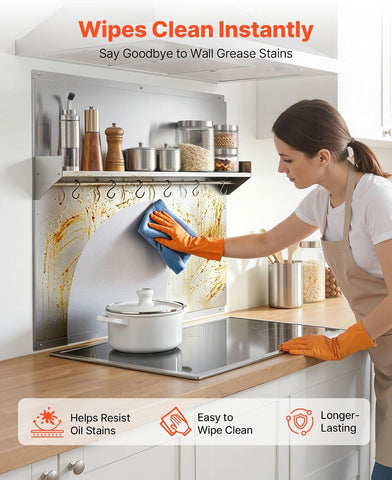 VEVOR 30" x 30" Stainless Steel Backsplash for Stove, Ultra Flat Splatter Guard with Storage Shelf & Hanging Rack, Wall Shield Range Hood Panel, Easy Clean, Pre-Drilled Holes for Easy Installation
