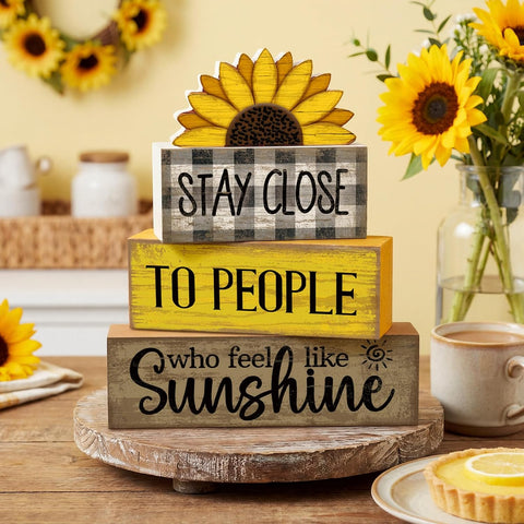 Lineshading 4 Pcs Sunflower Wooden Block Signs Farmhouse Tabletop Decor