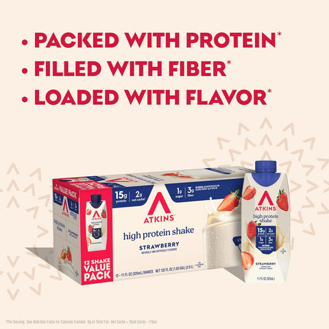 Atkins Strawberry Flavored High Protein Shake, 12 Count