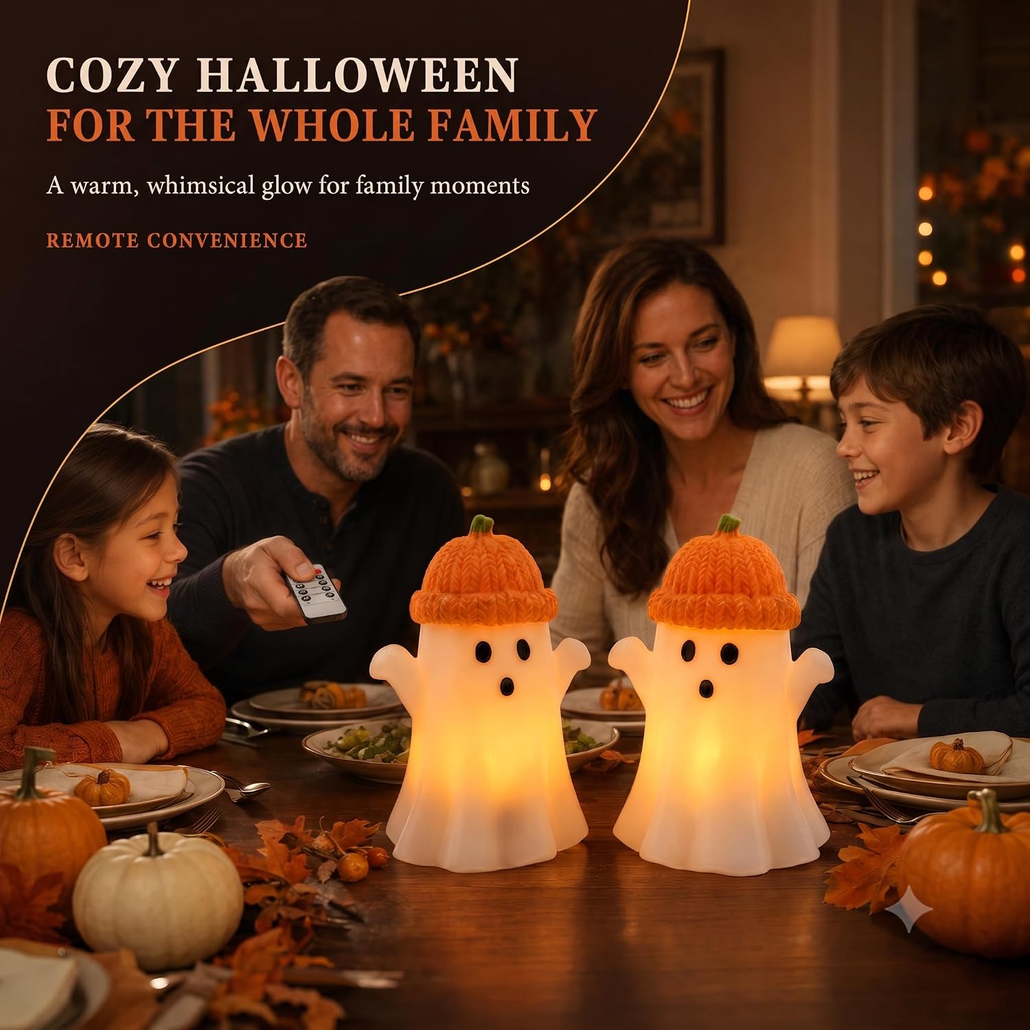 Enido Ghost with Pumpkin Hat Flameless Candles with Remote, Set of 2 Cute Real Wax LED Halloween Candles, Battery Operated Tea Lights, 2/4/6/8H Timer for Kids Room, Fall Tiered Tray Decor