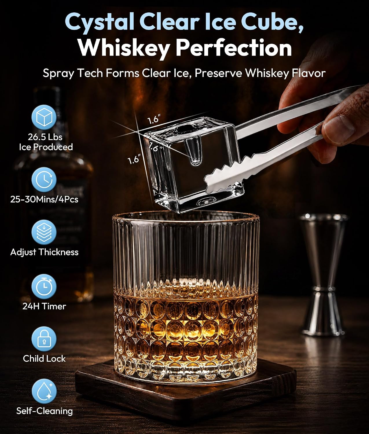 1.6" Clear Ice Cube Maker, 4 Large Square Ice Cube in 25 Mins