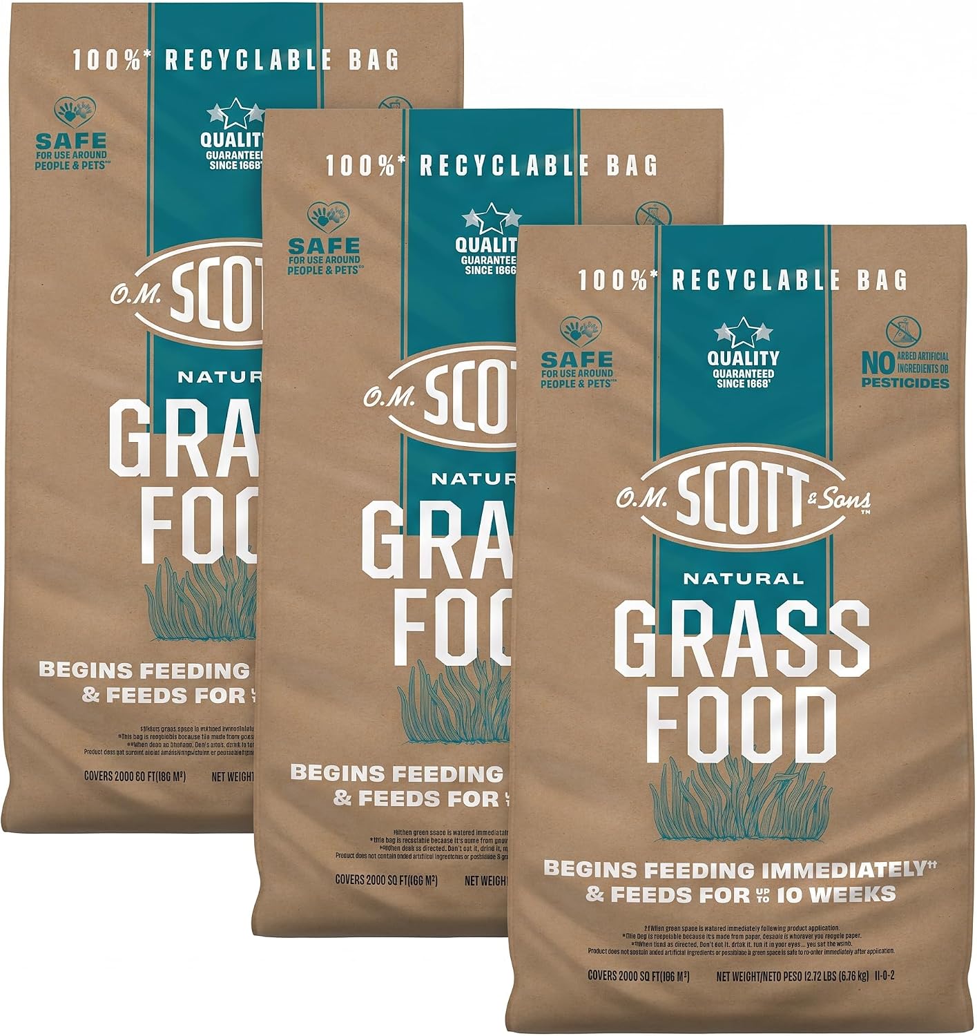 O.M. Scott and Sons Natural Grass Food - Grass Fertilizer for Lawns, Feeds up to 10 Weeks, Covers 2,000 sq. ft., 12.72 lb. (Pack of 3)