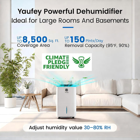 Yaufey 150 Pint Dehumidifier with Pump for Basement 8500 Sq. Ft.