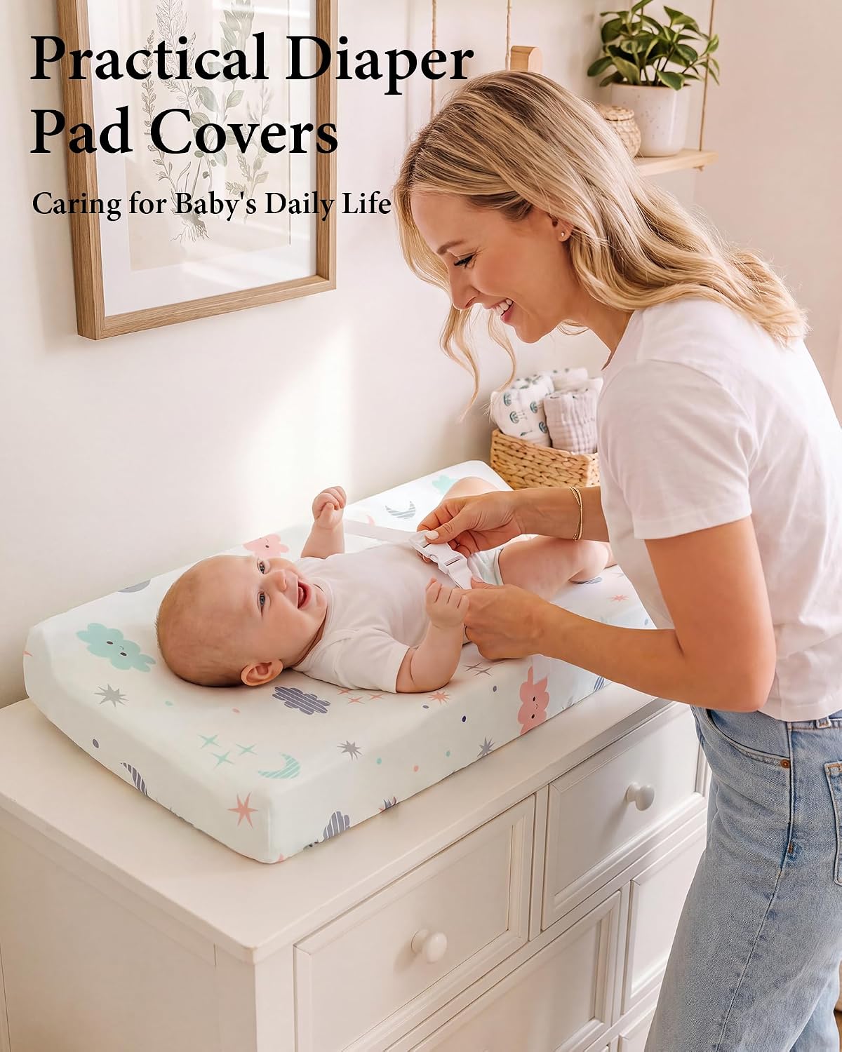 Yoofoss 2-Pack Diaper Changing Pad Cover for Boys Girls 32x16 (Grey+Cloud)