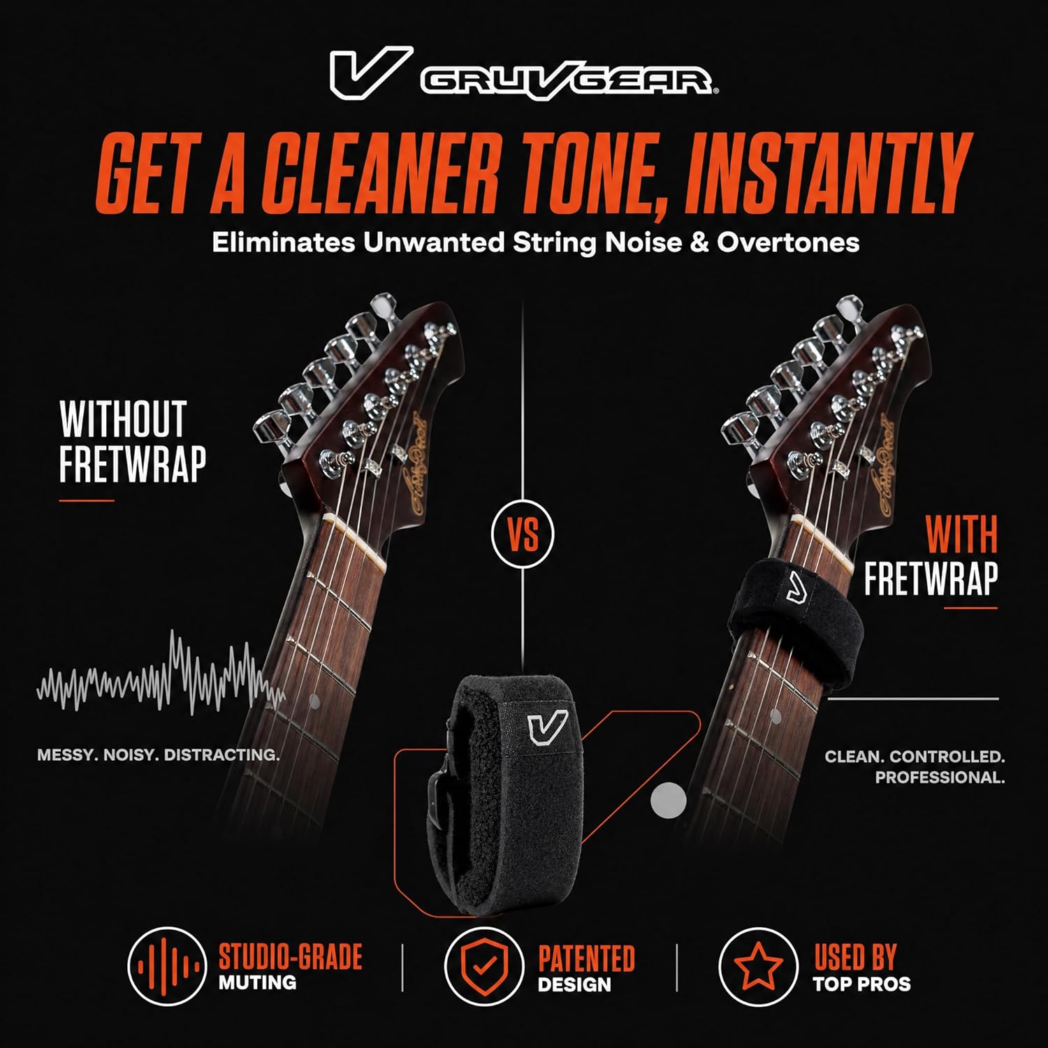 Gruv Gear Fret Wrap & Guitar Mute, Fretwrap for Acoustic, Electric & Bass | String Dampener Recording, Tapping & Practice Accessory (1 Pack, Large Black, Fits 6 String Bass, 8 String Guitar)