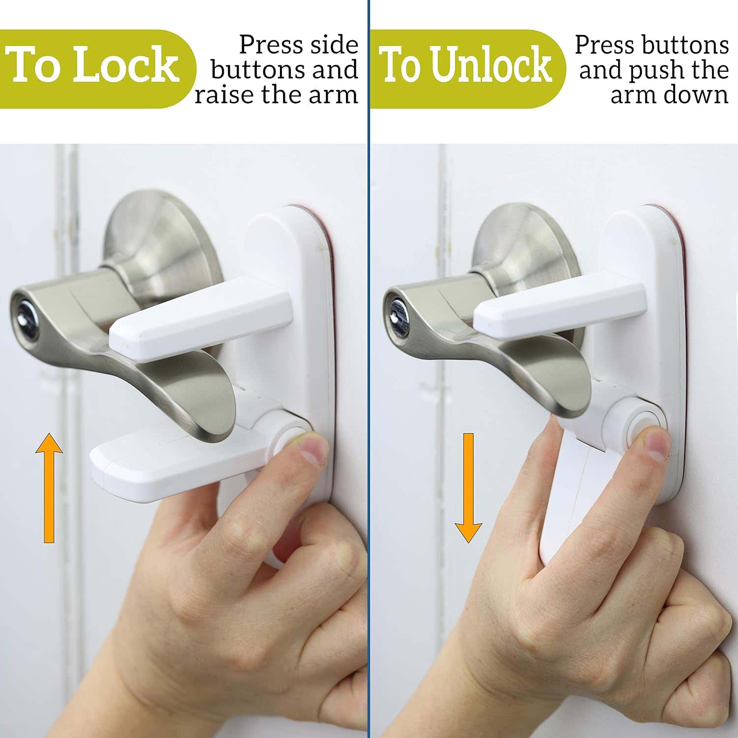 Door Lever Lock (1 Pack) Prevents Toddlers from Opening Doors. 3.25" L * 1.5" W * 4.5" H Easy One Hand Operation for Adults. Durable ABS with 3M Adhesive Backing. Simple Install, No Tools Needed.