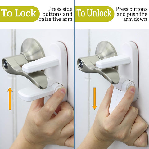 Door Lever Lock (6 Pack) Prevents Toddlers from Opening Doors. 3.25" L * 1.5" W * 4.5" H Easy One Hand Operation for Adults. Durable ABS with 3M Adhesive Backing. Simple Install, No Tools Needed.