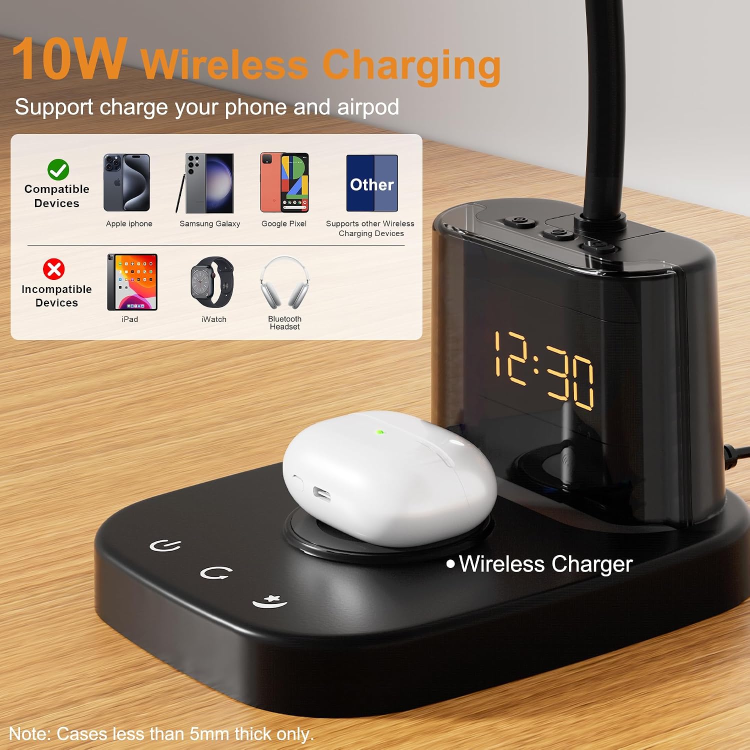 10W Wireless Charging LED Desk Lamp with Clock, Light Black