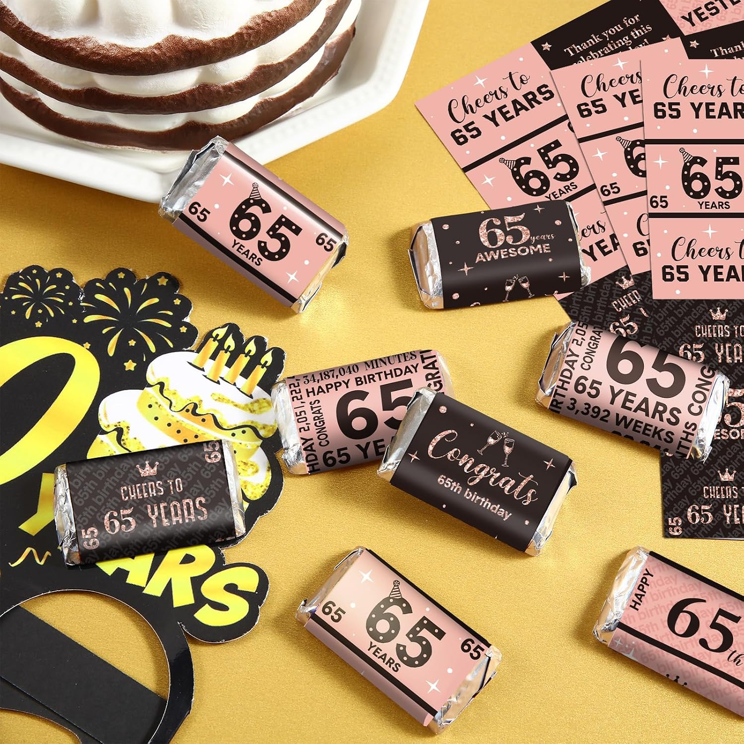 Tenare 90 Pcs 65th Birthday Candy Wrappers, Pink Stickers