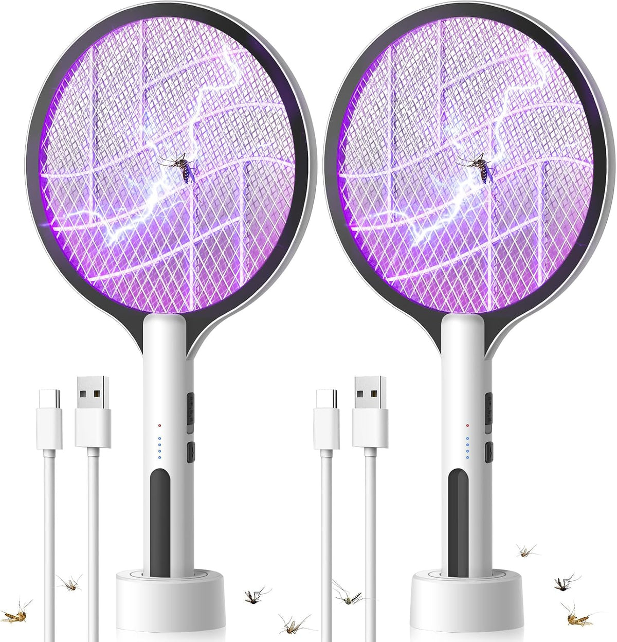 2PACK Electric Fly Swatter 4500V Bug Zapper Racket, 2 in 1 Handheld Fly Zapper & Purple Mosquito Killer Rechargeable and 3-Layer Safety for Indoor Home Office Backyard Patio Camping