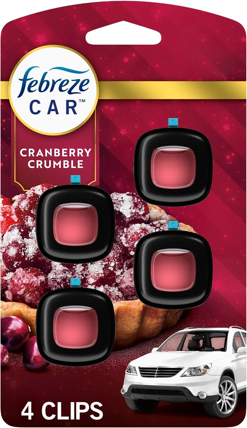 Febreze Car Air Freshener, Odor-Fighting Automotive Vent Clip, Scented Car Accessories, Long Lasting for Strong Odors, Cranberry Crumble Scent, 4 Count