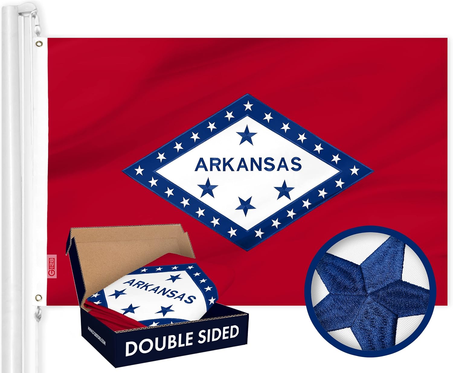 G128 Arkansas State Flag | 3x5 Ft | Double ToughWeave Series Double Sided Embroidered 210D Polyester | Embroidered Design, Indoor/Outdoor, Brass Grommets, Heavy Duty, 2-ply