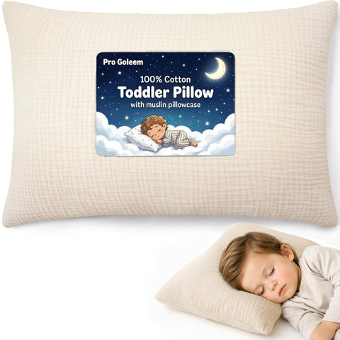 Toddler Pillow with 100% Muslin Cotton Pillowcase, 13x18, Beige