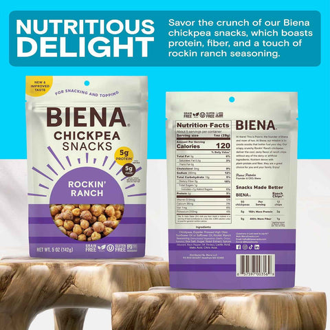 BIENA Chickpea Snacks - Crunchy Roasted Chickpeas - High Fiber Vegan Protein Snacks for Adults and Kids - 8-Pack, 5 Ounce Bags - Rockin’ Ranch