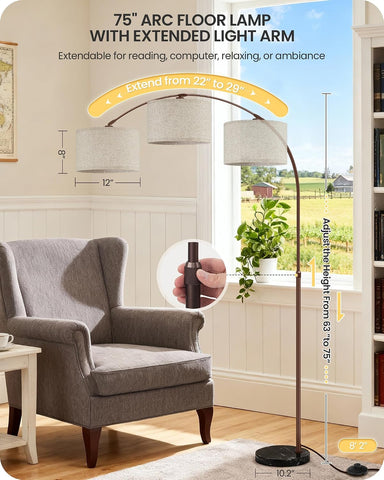75" Dimmable Brown Arc Floor Lamp with Marble Base, Adjustable Height,Beige