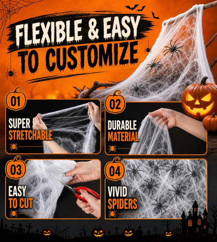 Land Guard 500 sqft Spider Web, Bonus with 25 Artificial Spiders, Fabric Spider Webbing, Cobweb Halloween Decor for Indoor and Outdoor Party Supplies