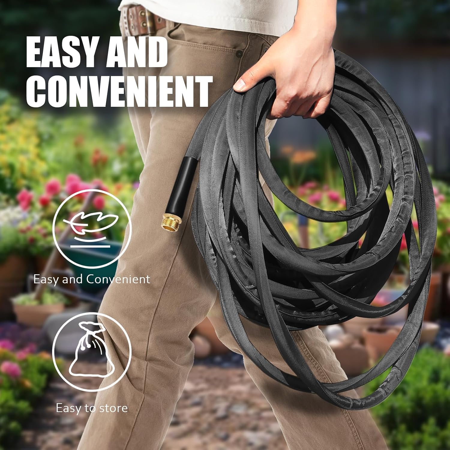 Non-Expandable Garden Hose 25feet, Flexible Water Hose with 10 Function Hose Nozzle, Lightweight, Tangle Free, Rust Proof for Yard (Black)