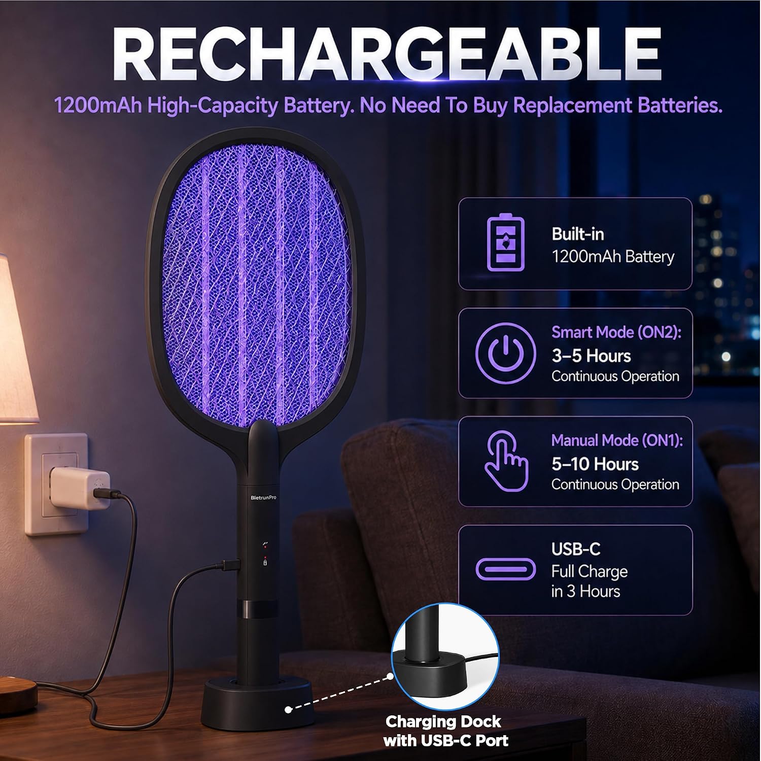 2 Pack Electric Fly Swatter Rechargeable Bug Zapper Racket, Max 4500V-Black