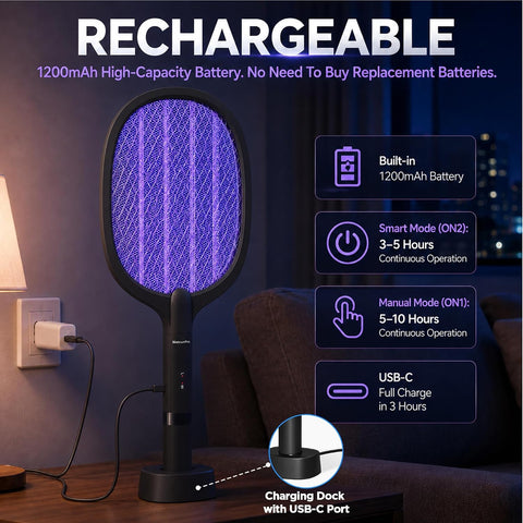 2 Pack Electric Fly Swatter Rechargeable Bug Zapper Racket, Max 4500V-Black