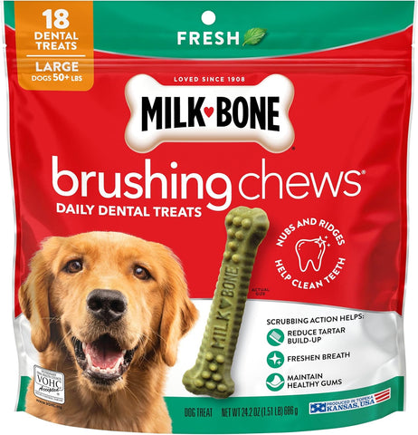 Milk-Bone Brushing Chews, Large, Fresh Flavor, 18 Dental Treats