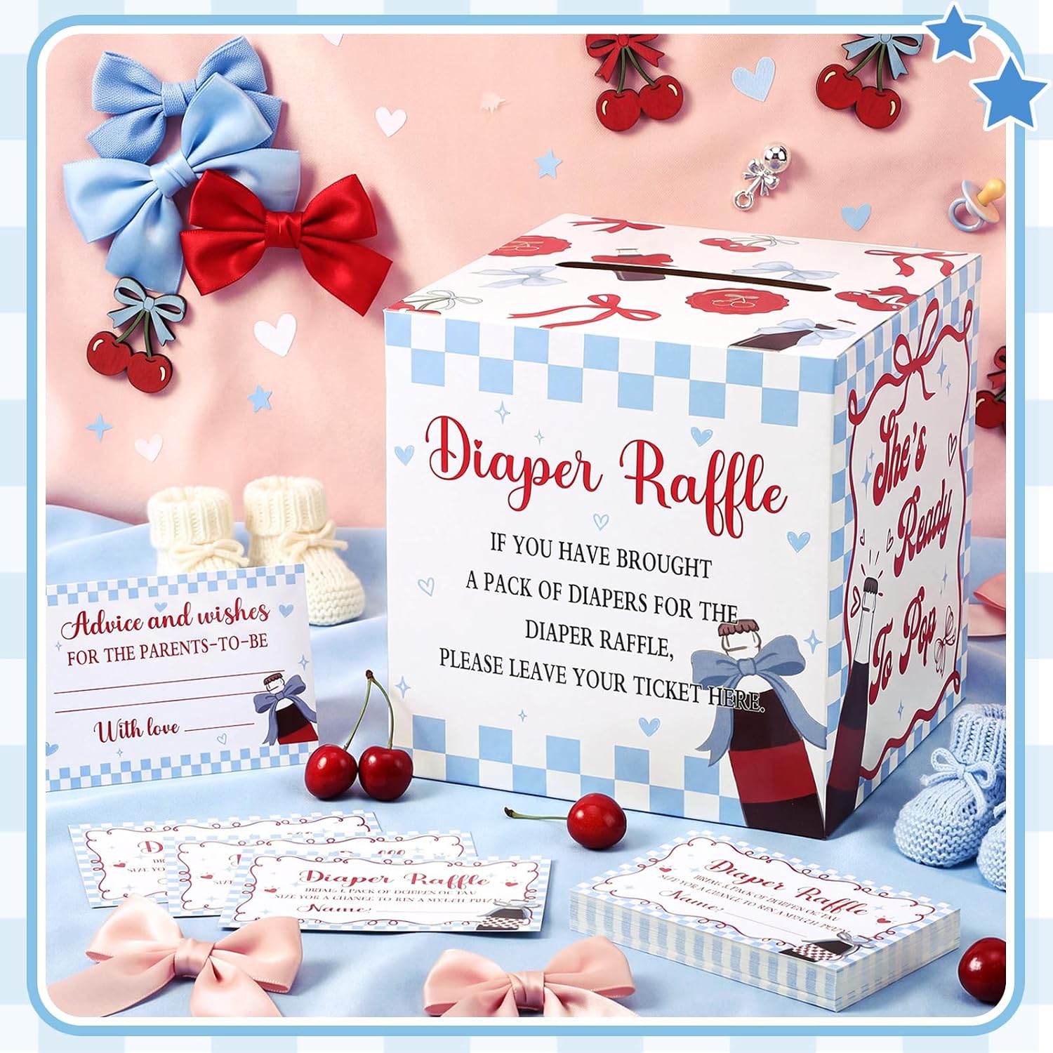 Teling 51 Pieces Diaper Raffle Tickets with Card Box,She's Ready to Pop，blue