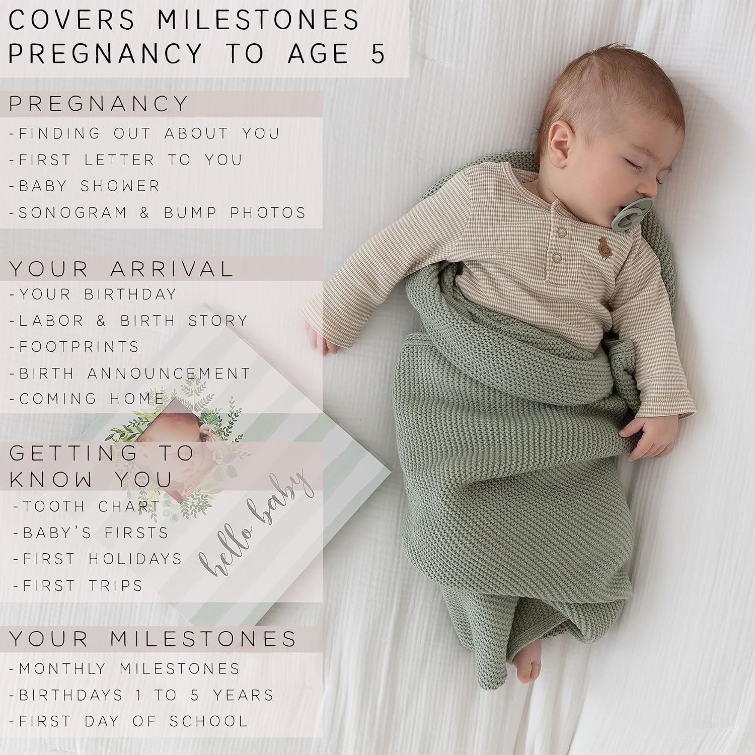 Keepsake Baby Memory Book for First 5 Years Boys or Girls, Timeless Baby Milestone Book, Gender Neutral Baby Scrapbook Journal, First Year Record Book Photo Album, Gifts for Baby Shower & New Parents