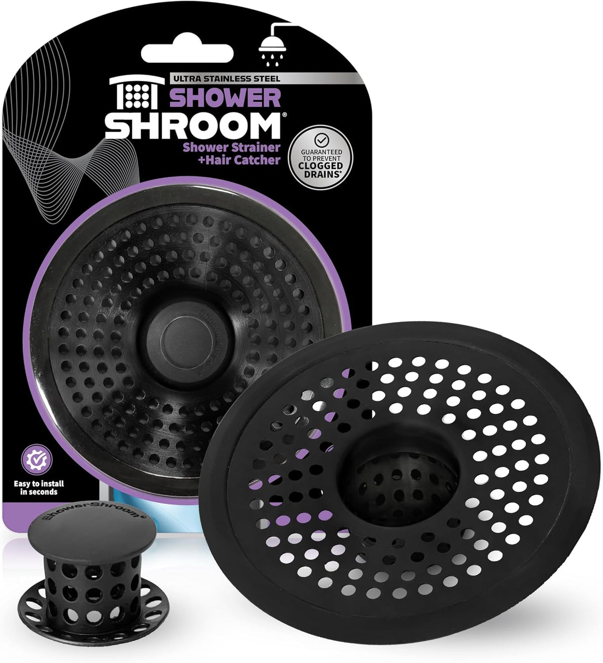 ShowerShroom Ultra Matte Black Hair Catcher, Stainless Steel Drain Protector, Fits All Shower Drains