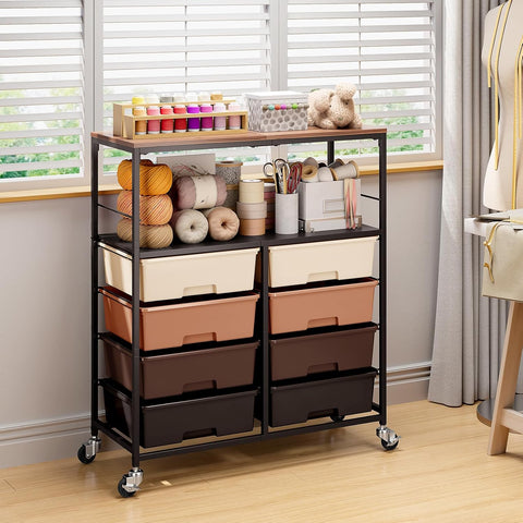 APEXCHASER Rolling Storage Cart with 8 Large Drawers, Wooden Tabletop