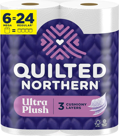 Quilted Northern Ultra Plush Toilet Paper, 6 Mega Rolls = 24 Regular Rolls, 4X More Absorbent*, 3-Ply Soft Toilet Tissue