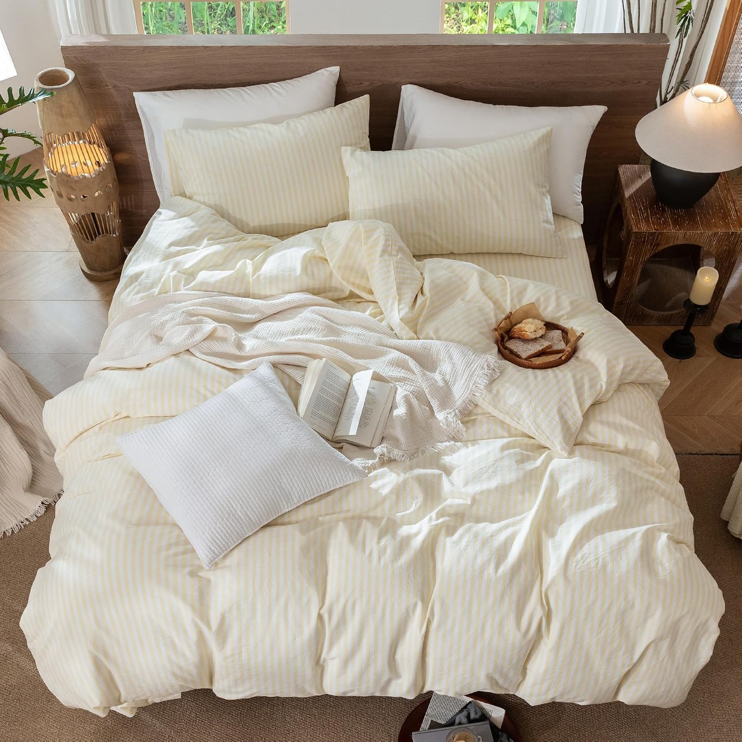 MooMee Striped Duvet Cover Set 100% Washed Cotton Linen Like Queen