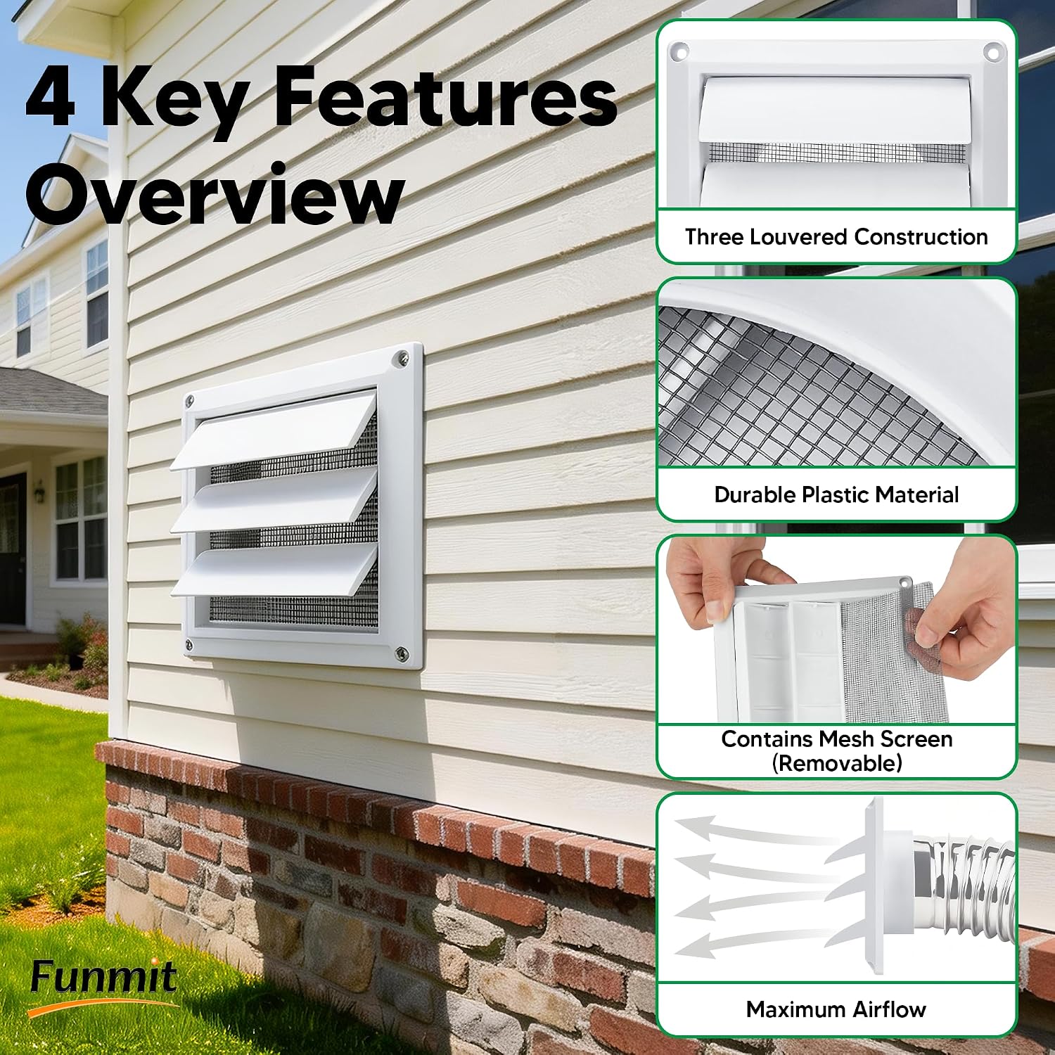 4 Inch Outdoor Dryer Vent Cover Louvered with Screen for Exterior Wall
