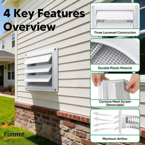 4 Inch Outdoor Dryer Vent Cover Louvered with Screen for Exterior Wall