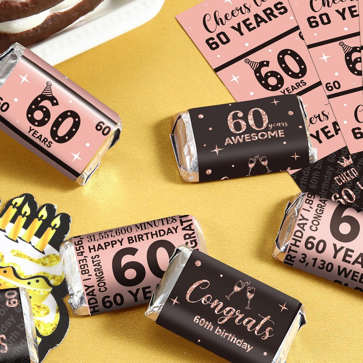 Tenare 90 Pcs 60th Birthday Candy Wrappers, Pink Stickers