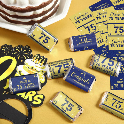Tenare 90 Pcs 75th Birthday Candy Wrappers, Blue and Gold Stickers