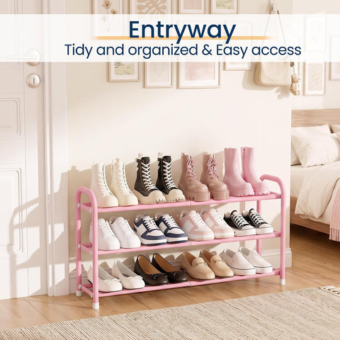 ENJOYBASICS 3 Tier Expandable Shoe Rack, Metal Small Shoes Shelf, Pink