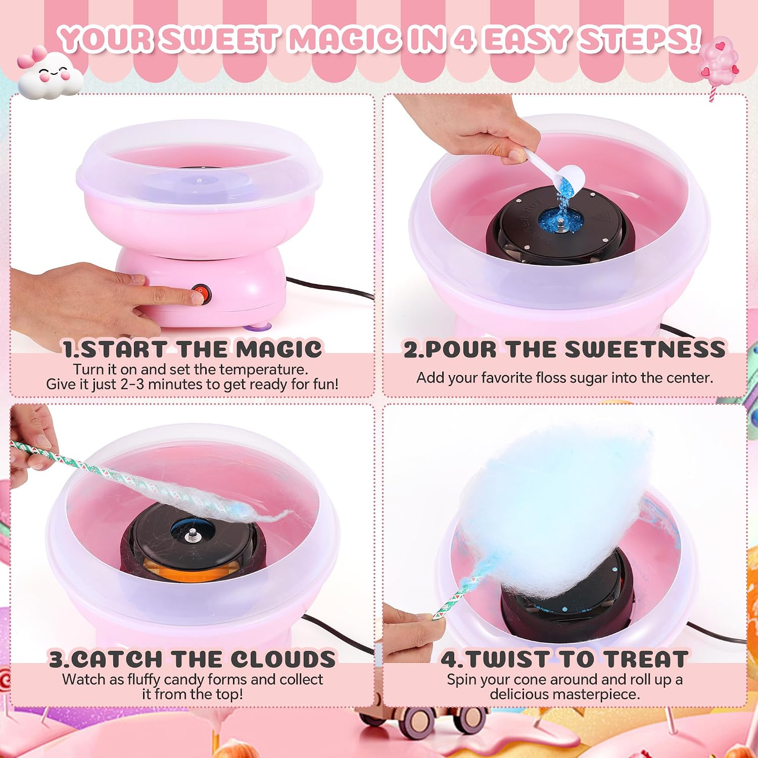 Cotton Candy Machine for Kids & Family, Mini Pink Vintage Cotton Candy Maker with 40 Sticks & Sugar Scoop, Ideal for Birthday Christmas Party Gifts