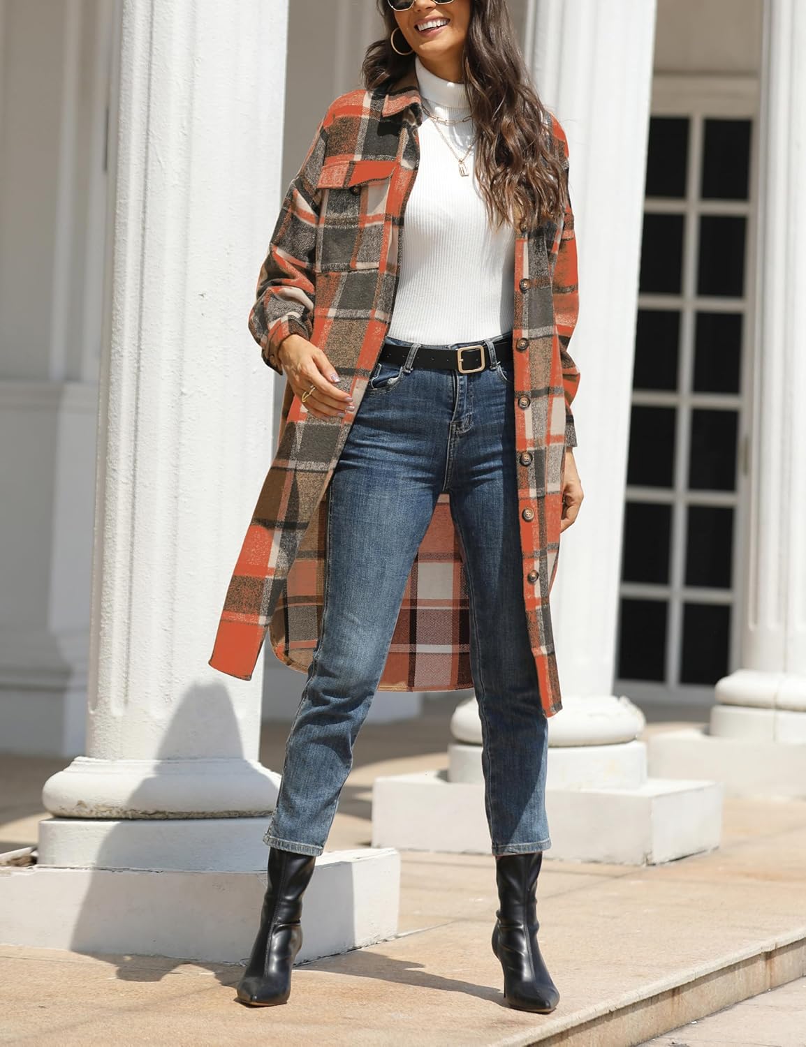 Himosyber Women's Casual Plaid Lapel Woolen Button Up Pocketed Long Shacket Coat