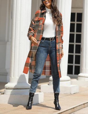 Himosyber Women's Casual Plaid Lapel Woolen Button Up Pocketed Long Shacket Coat