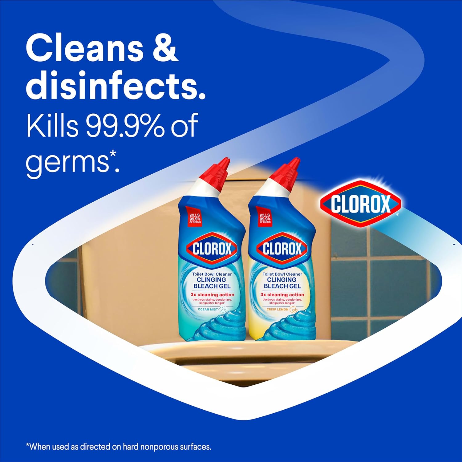 Clorox Toilet Bowl Cleaner Clinging Bleach Gel, Kills 99.9% of Bacteria and Viruses, Ocean Mist, 24 Fl Oz, Pack of 2