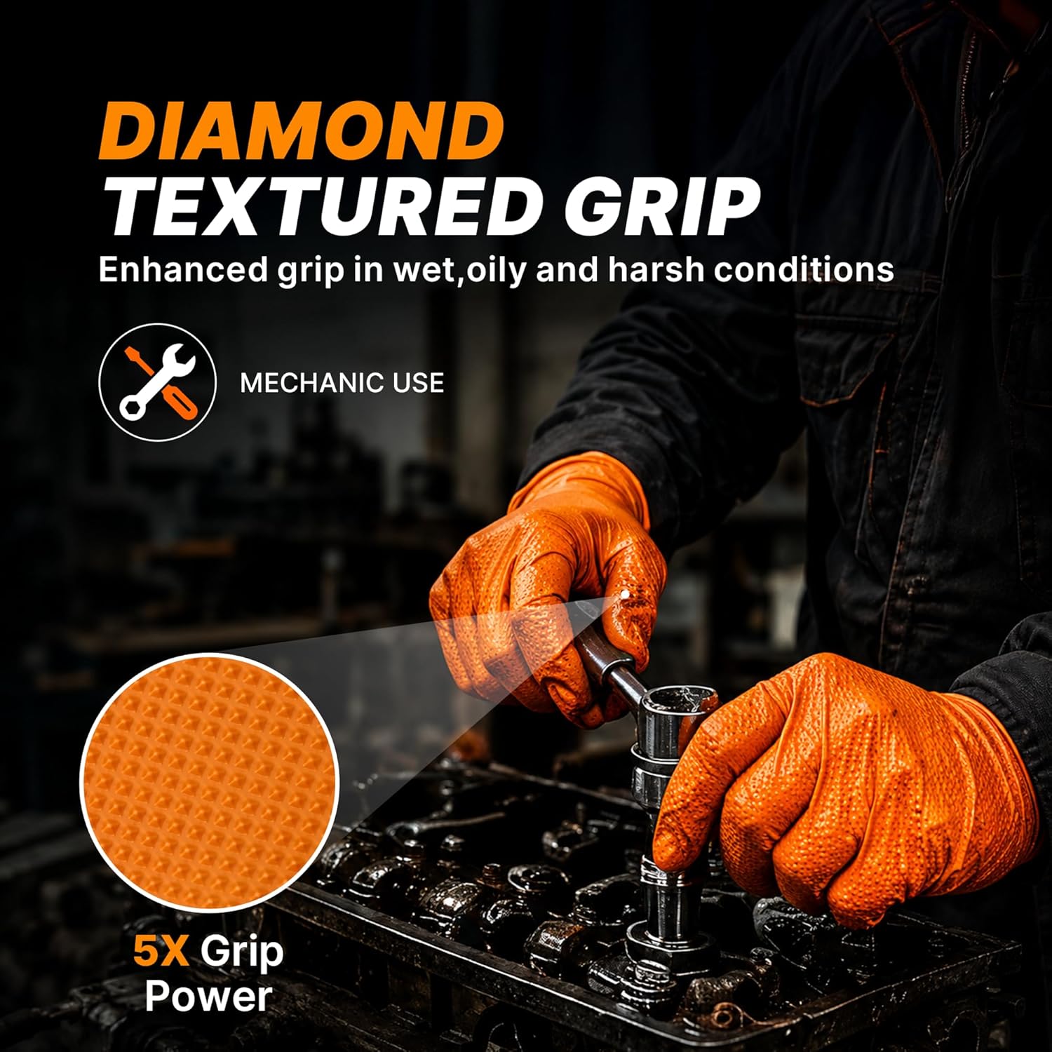 TitanFlex Heavy Duty Industrial Orange Nitrile Gloves, 8-mil, Gloves Disposable Latex Free with Raised Diamond Texture Grip, Powder Free, Rubber Glove, Mechanic Gloves,100-ct Box (Medium)