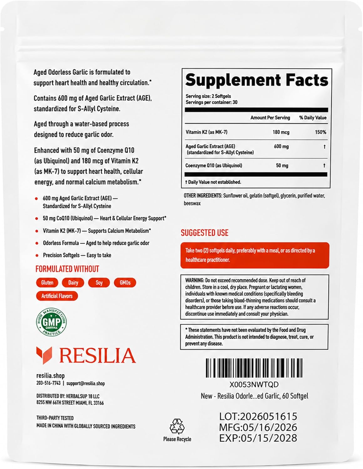 Resilia Odorless Aged Garlic Extract Softgels (60 Count)