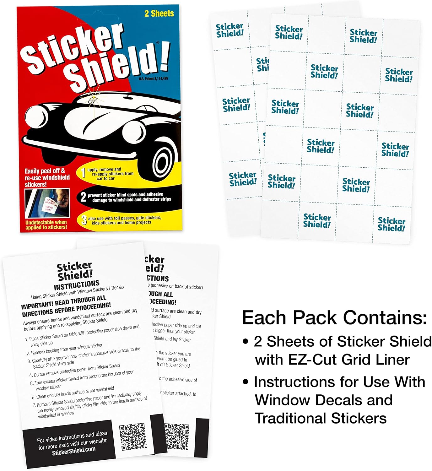 STICKER SHIELD - Windshield Sticker Applicator for Easy Application, Removal and Re-Application from Car to Car - 4 inch x 6 inch Sheets (Pack of 2 Sheets)