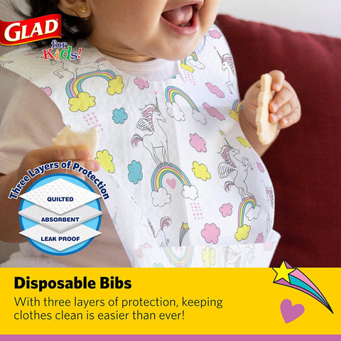 Glad for Kids Disposable Paper Bibs with Crumb Catcher, Unicorns, 30 Count