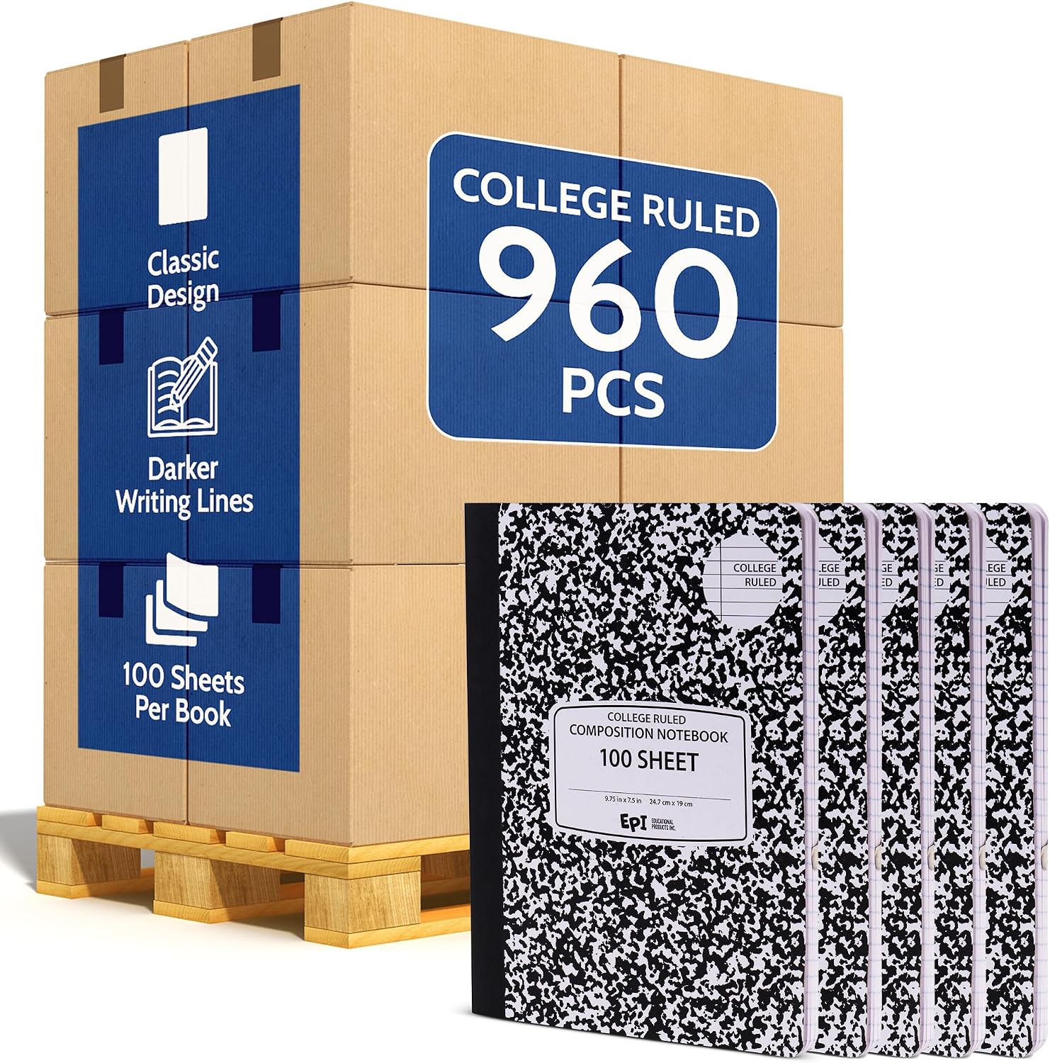 960 Pack (Pallet) EPI College Ruled Composition Notebook Bulk, 200 pages (100 Sheets), 9-3/4 x 7-1/2, Black Marble, Bulk School Supplies, Heavy Duty, Durable Office Notebooks, Sturdy Sewn Binding