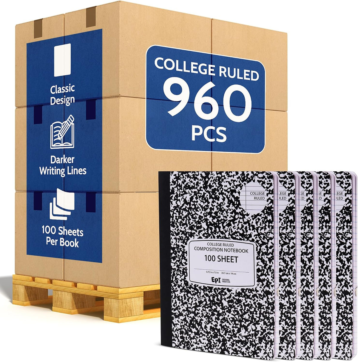 960 Pack (Pallet) EPI College Ruled Composition Notebook Bulk, 200 pages (100 Sheets), 9-3/4 x 7-1/2, Black Marble, Bulk School Supplies, Heavy Duty, Durable Office Notebooks, Sturdy Sewn Binding