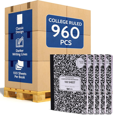 960 Pack (Pallet) EPI College Ruled Composition Notebook Bulk, 200 pages (100 Sheets), 9-3/4 x 7-1/2, Black Marble, Bulk School Supplies, Heavy Duty, Durable Office Notebooks, Sturdy Sewn Binding