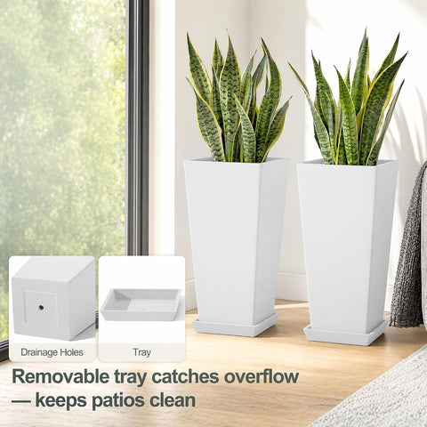 24" Set of 2 Tall White Planters for Outdoor Plants, Tapered